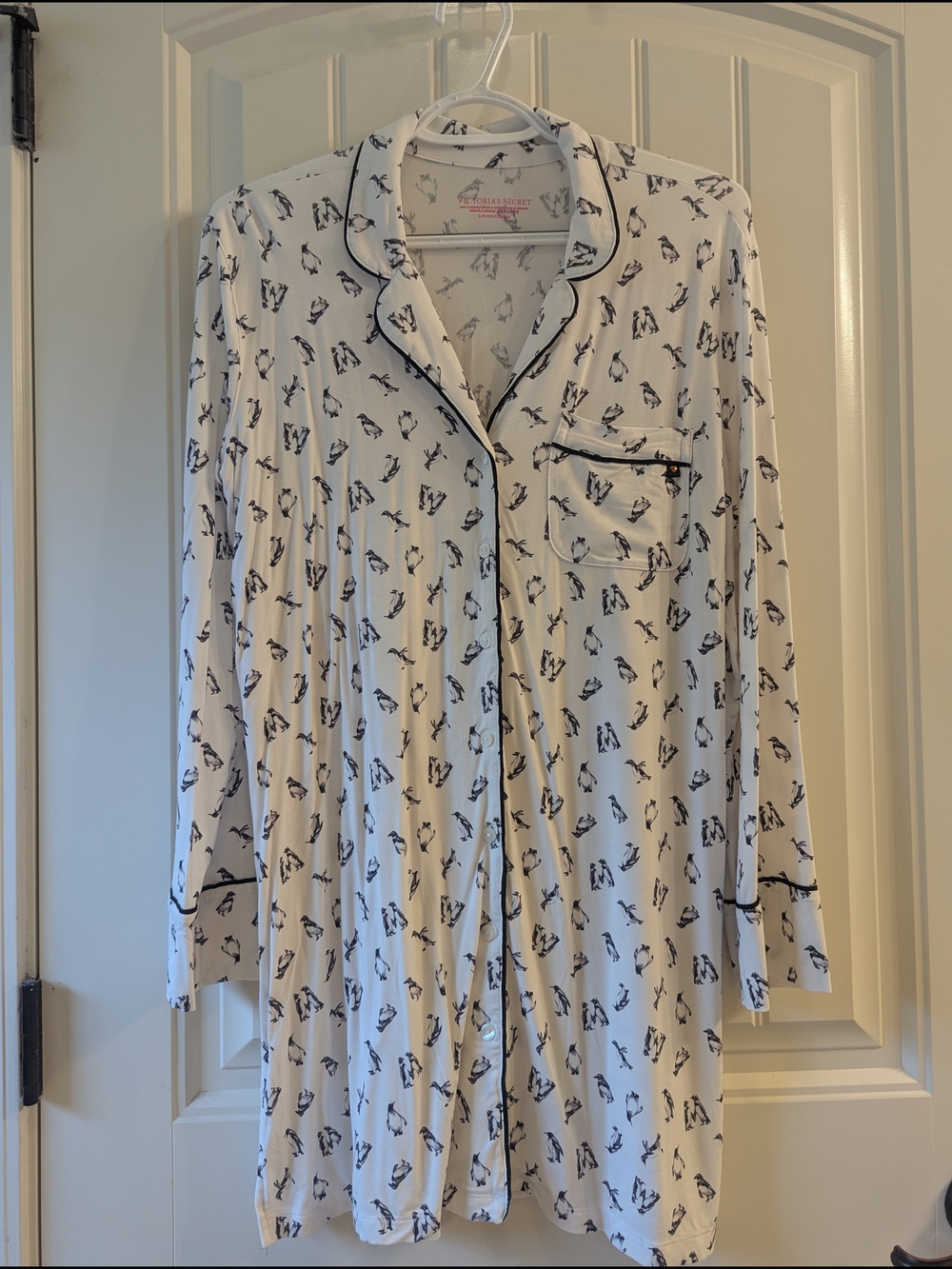 Victoria's Secret White Satin Sleep Shirt with Navy Penguin Print